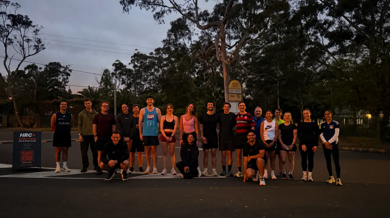 Hills Run Club runners gathered together before a Thursday morning run