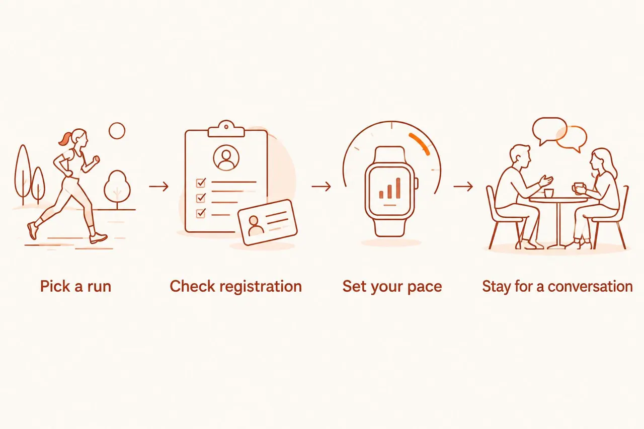 Steps for choosing a run, checking registration, moving at your pace and staying to chat
